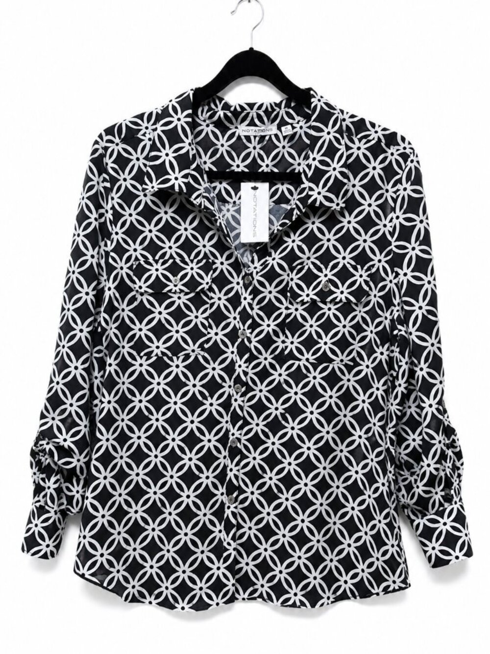 Notations Blouse Women XL black White Geometric Button Up Roll Tab Sleeve Colla
